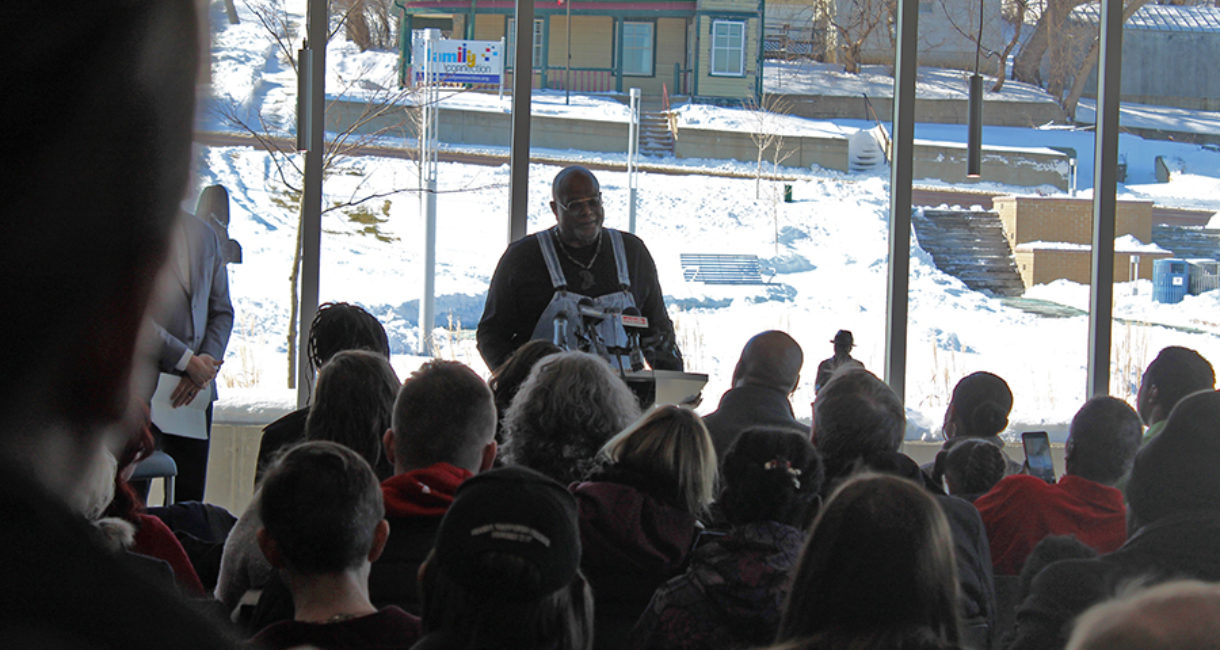 Artist Porter Williams speaks at the dedication ceremony for the Martin Luther King Jr. statue in Sioux Falls.