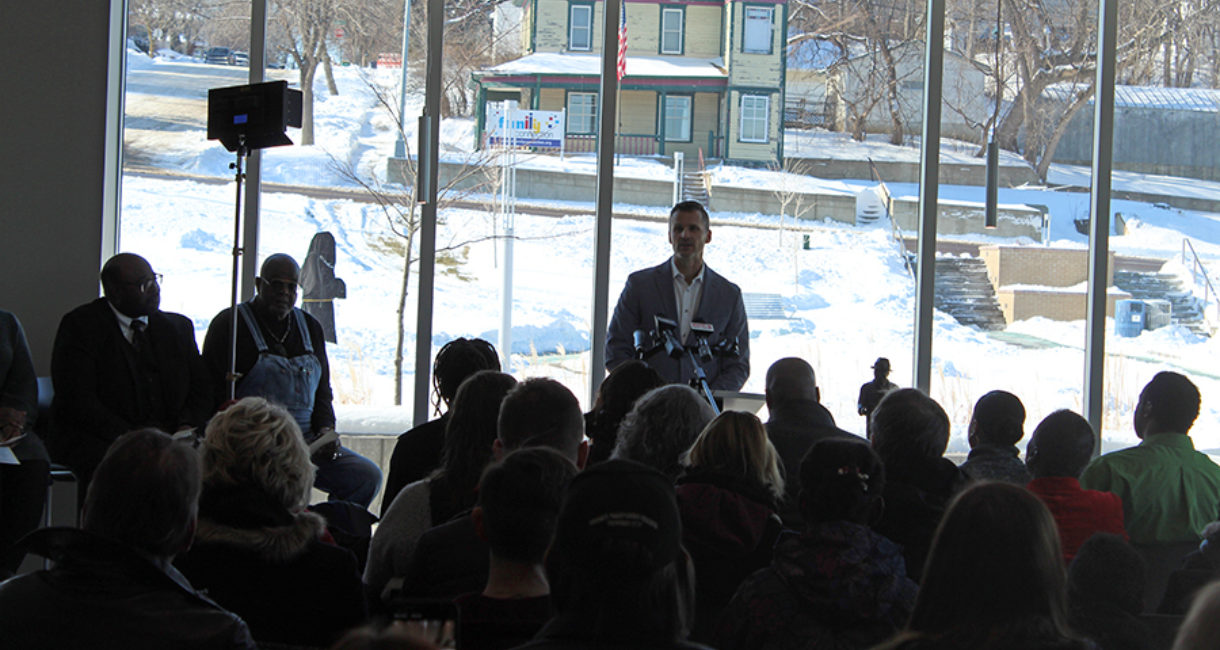 Mayor Paul TenHaken speaks at the dedication of the Martin Luther King Jr. statue in Sioux Falls.