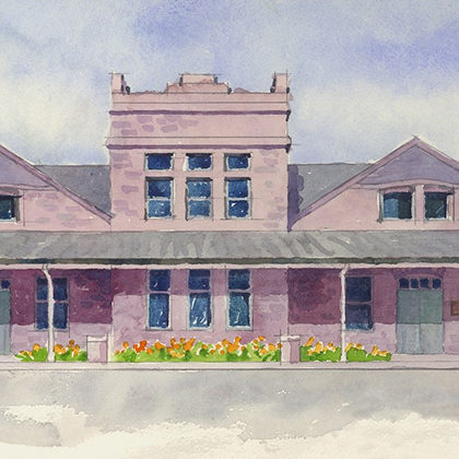 a watercolor painting of the Depot at Cherapa Place.